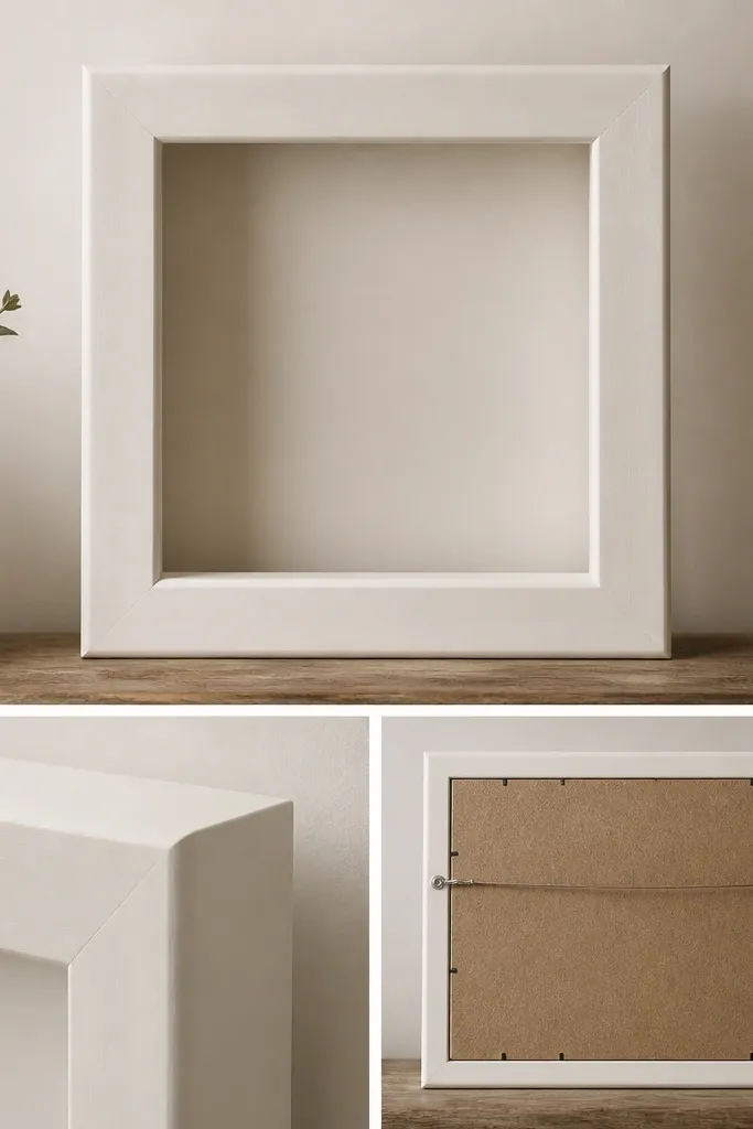 A thick square frame made from 2x2 lumber, sanded smooth and painted off-white. The back shows a taut picture wire running in two anchor points, hidden under a backing board.