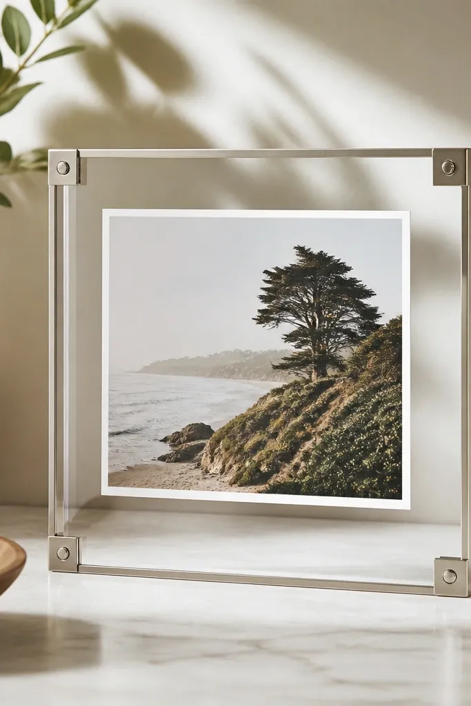 A lightweight metal corner-bracket frame holding a photo behind a clear acrylic window. The corners show small silver brackets, and the photo looks like it's suspended inside.