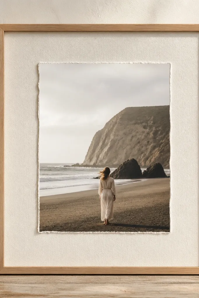 A simple wooden frame with a watercolor-textured paper mat. The mat opening has a deckled edge look, and the photo is centered behind clear acrylic.
