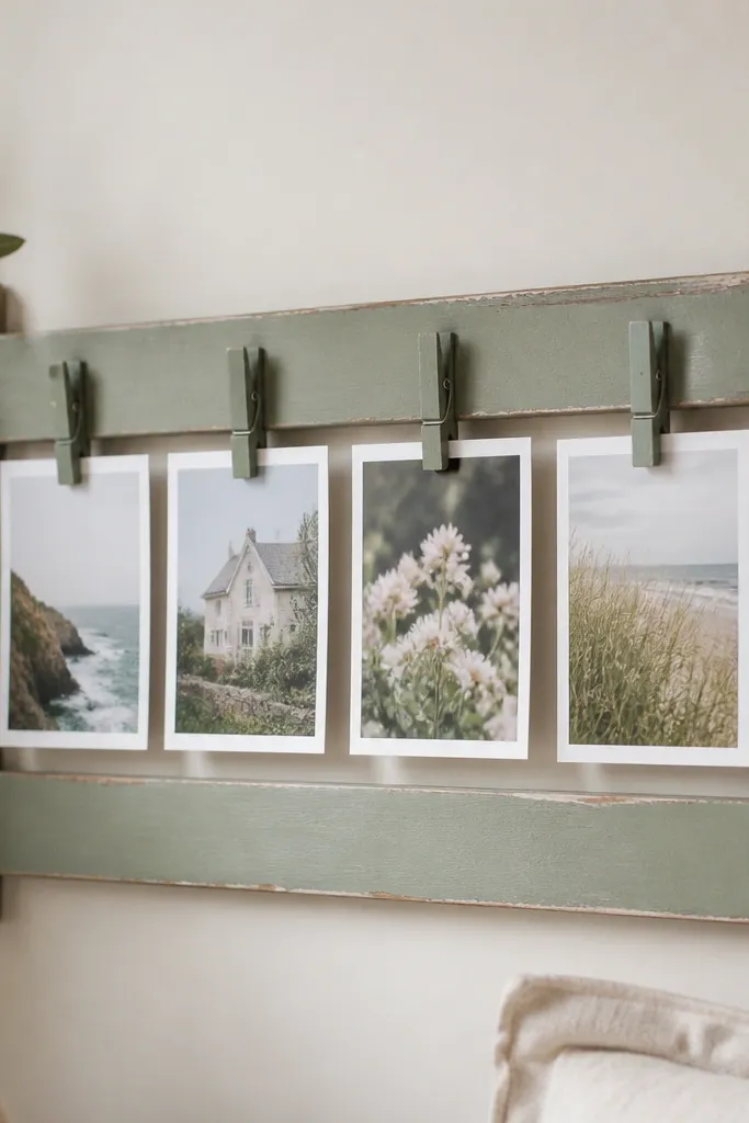 A wall frame made from two painted boards with a row of clothespins holding 4x6 mini prints. The boards are distressed lightly, and the clothespins match the board color.