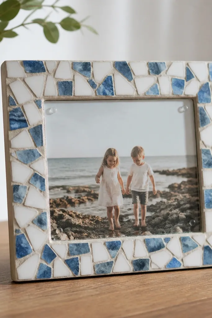 A square or rectangle frame where the outer border is a mosaic of small ceramic tile pieces in white and muted blue. The center holds a photo under clear acrylic, with grout lines visible around the edges.