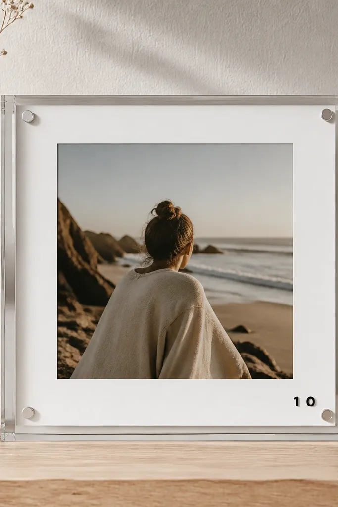 A clear acrylic frame with a photo centered behind it and small vinyl numbers on the bottom right. The acrylic edges are polished and the backing is white for contrast.