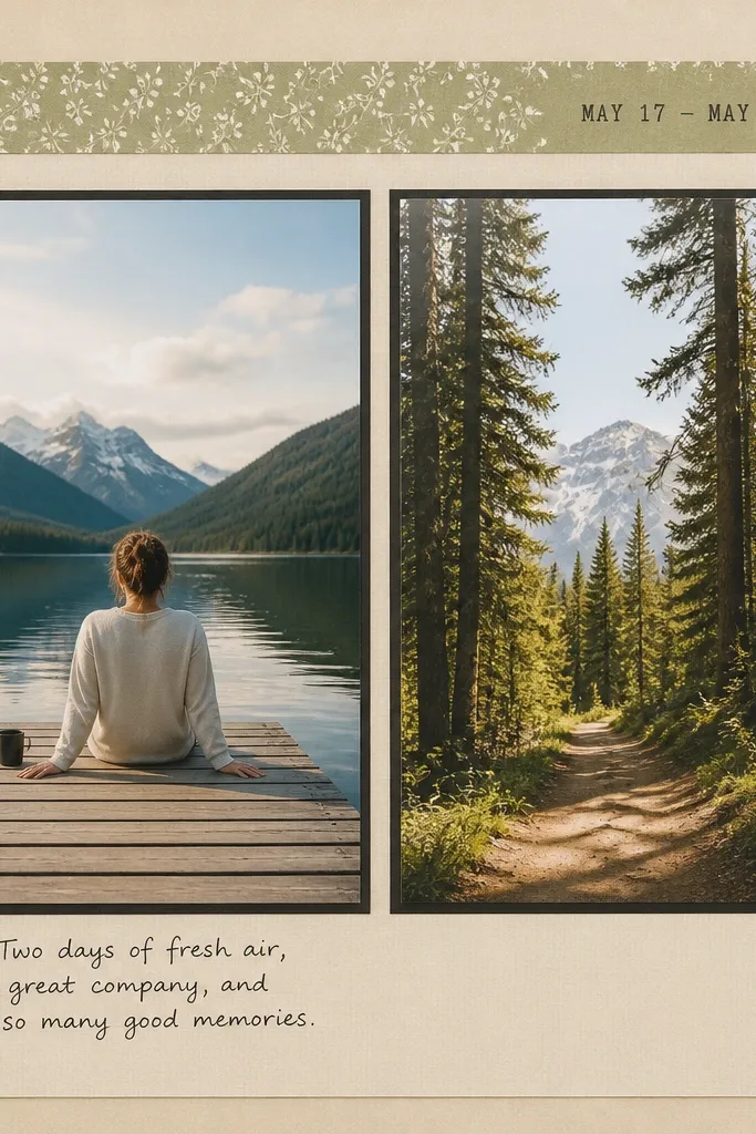 A scrapbook page with two vertical photos stacked side-by-side, each photo bordered by thin black cardstock. A narrow strip of patterned paper runs across the top with printed dates, and a handwritten caption sits centered under the left photo.