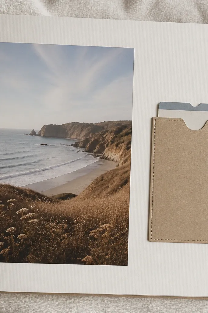 A page with one large photo on the left and a small rectangular pocket on the right. The pocket is made from light brown cardstock with a stitched-look border, and a real ticket stub card is inside, visible at the top.