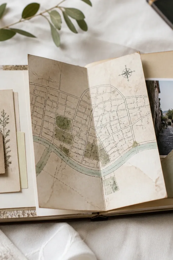 A scrapbook page with a fold-out map illustration in the center. When opened, it reveals handwritten street names and a small compass doodle, with a photo tucked at the side.
