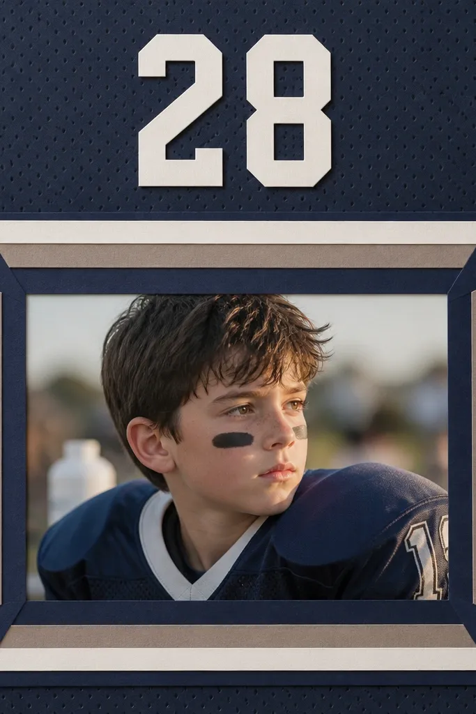 A page featuring a photo centered inside a frame made from cardstock strips that resemble a jersey. A large number sits above the photo, and the background is a muted team-color patterned paper.