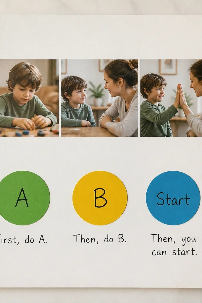 A page with a photo strip across the top and three large colored circle stickers on the lower half, labeled A, B, and Start. Handwritten captions sit under each button circle.
