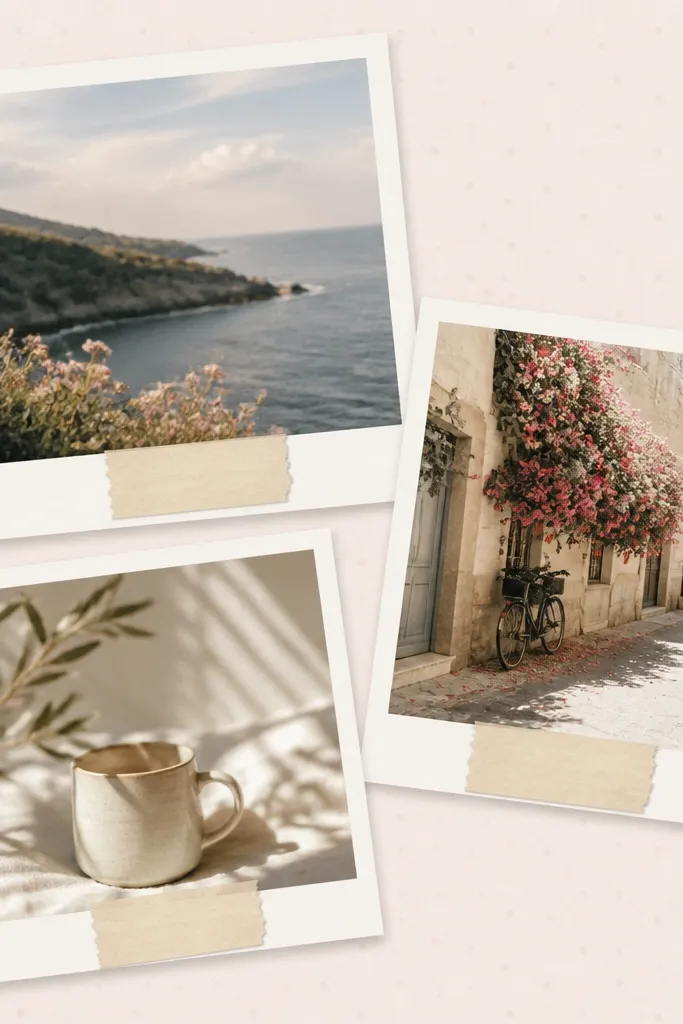 Three polaroid-style prints arranged in a cluster on a page, each with a white border and a small caption tag taped at the bottom. The background is a soft pastel paper with faint dots.