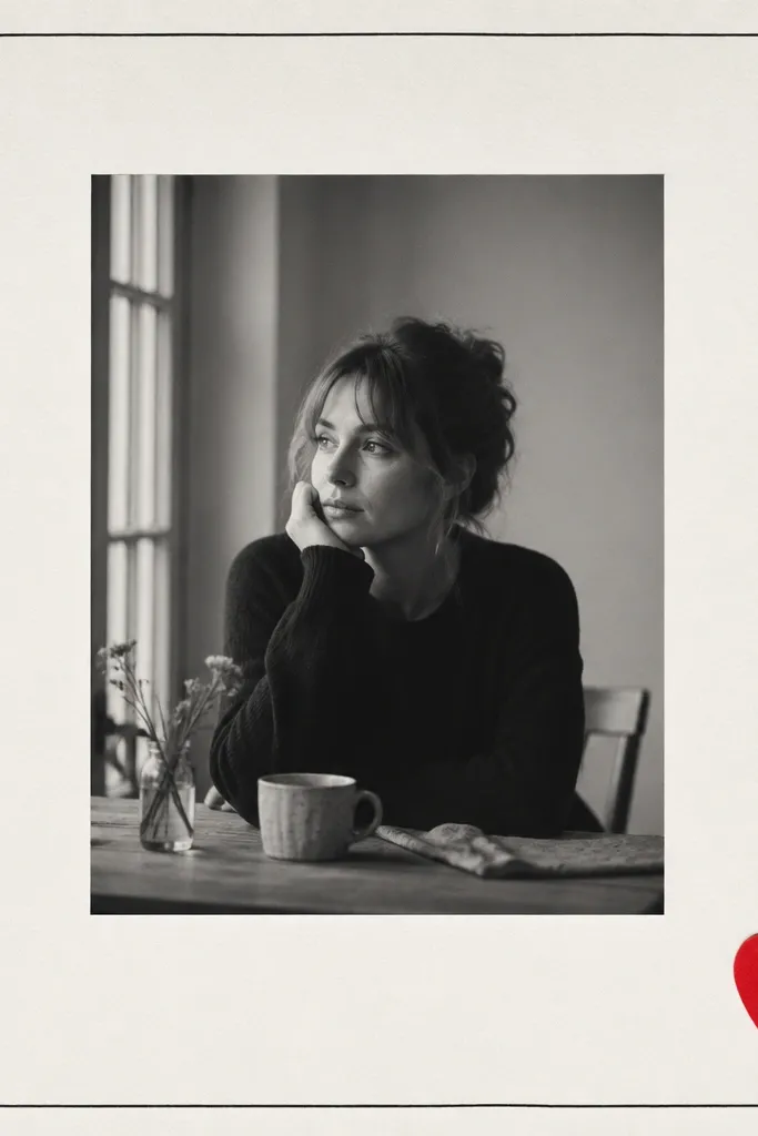 A monochrome photo centered on a page, with a single bright red heart sticker in the corner. The rest of the page is off-white cardstock with a thin black title line.