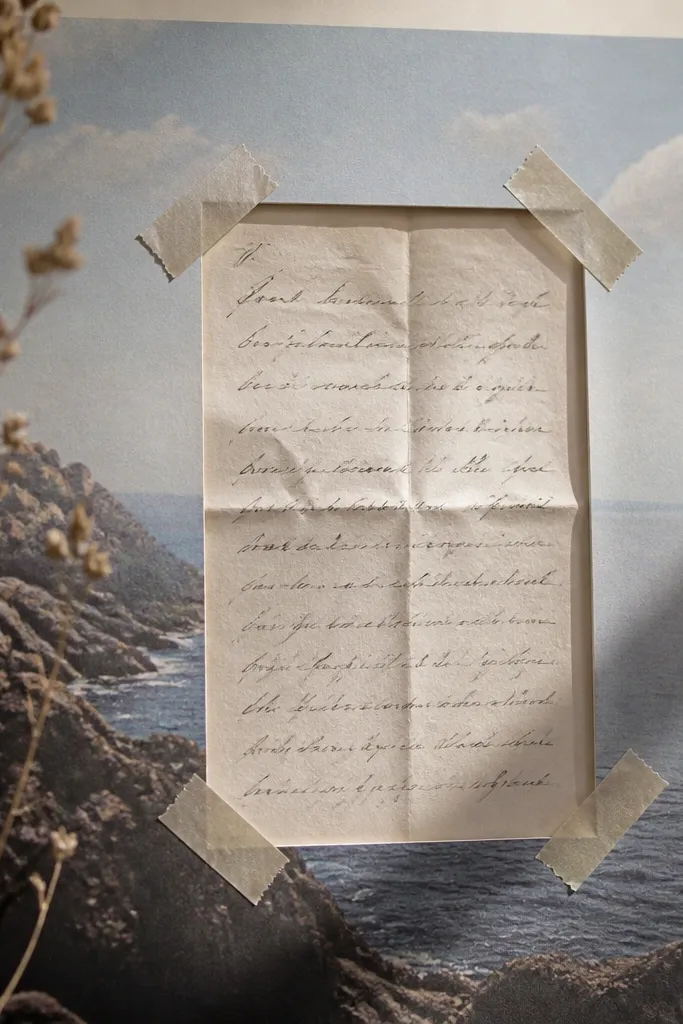 A page with a photo background and a rectangular window cut in the center. Behind the window, a folded handwritten letter is visible, with the edges held by washi tape.