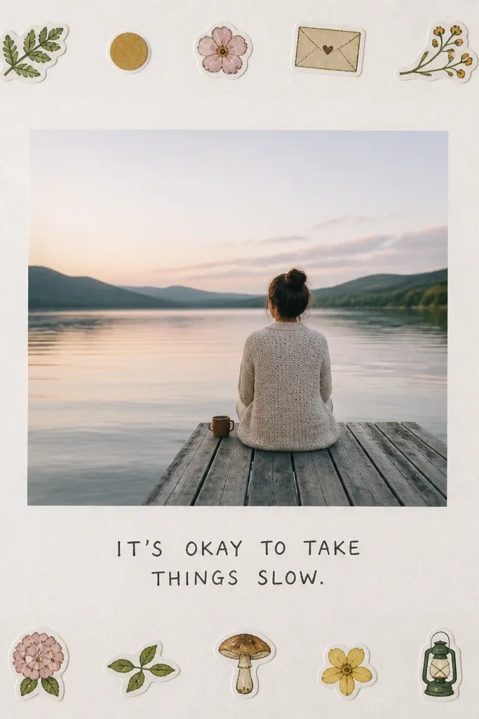 A page with a calm centered photo, surrounded by a border of small stickers along the edges. The center has one handwritten caption in a neat block.