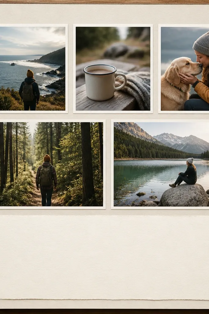 A scrapbook page with a neat 2x3-ish grid of five small photos, each with a thin white mat. One larger caption block spans the bottom with bold handwriting.