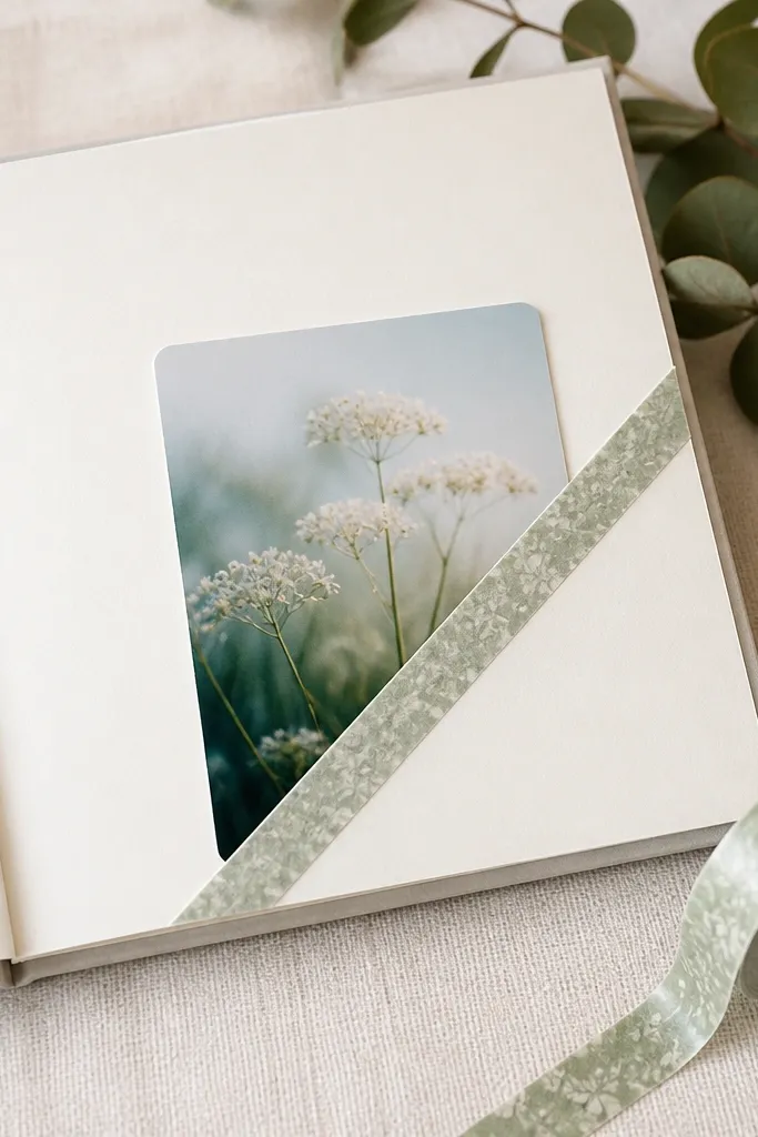 A page with a photo pocket made from a folded corner. A small photo card slides into the fold, and the fold edge is finished with washi tape in matching colors.
