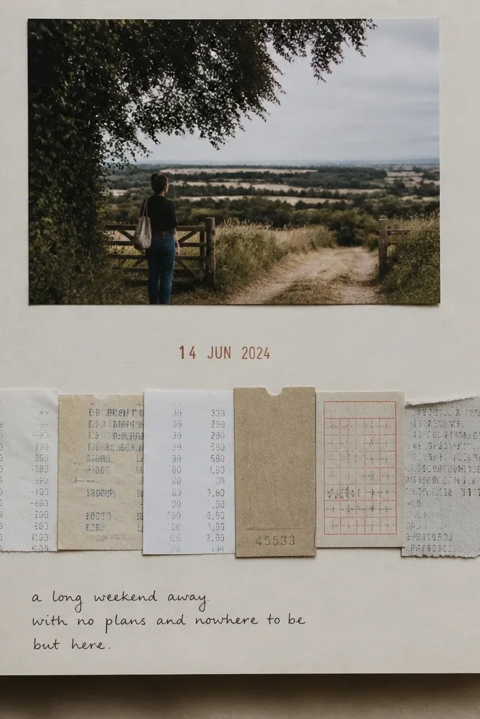 A long horizontal strip of receipts across the bottom of a page, with a stamped date above it. A photo sits above the strip and a handwritten note follows the receipt line.