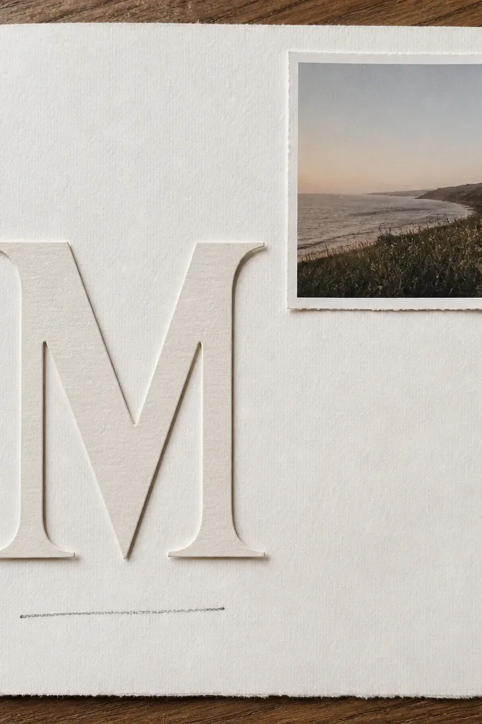 A page with a large monogram letter in the center-left, made from cut cardstock. In the top right corner sits a small photo, with a short handwritten title beneath the monogram.