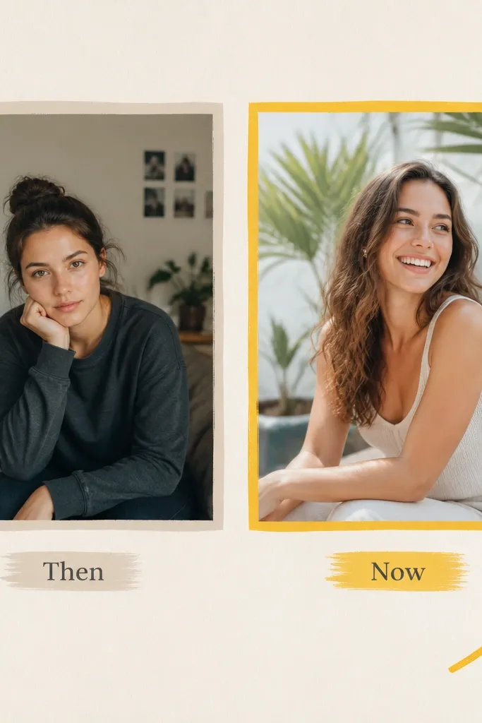 A page showing two photos side-by-side labeled "Then" and "Now." The "Now" side has a brighter color accent border and a hand-drawn arrow pointing upward.