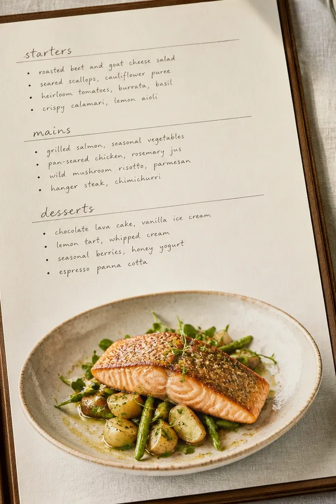 A page styled like a restaurant menu with headings and small items. A photo of the meal sits under the menu list, and the menu text is handwritten in a neat list format.