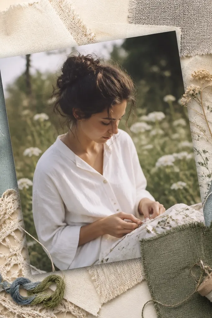 A layered page where a photo sits on top of a background made from cut scraps that resemble hobby supplies. For example, small fabric swatches and thread pieces wrap around the photo edges.