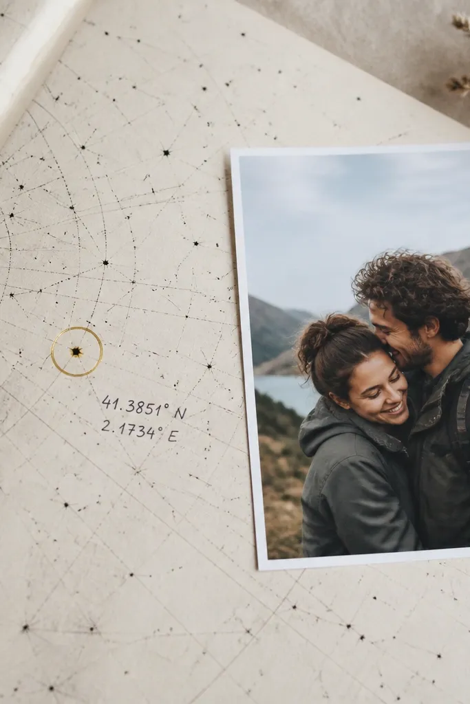 A page with a printed star map background. A highlighted circle marks a spot, and handwritten coordinates sit next to a photo of the two of you outdoors.