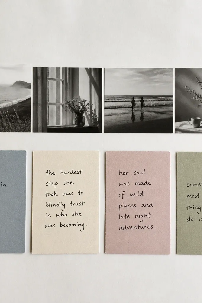 A page with four small quote blocks arranged in a row, each block made from colored cardstock. A photo strip sits above the blocks and each quote is handwritten in black ink.