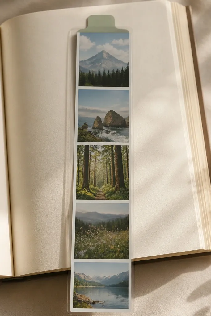 A page with a vertical photo strip that extends like a bookmark. The top has a small title label, and the photo strip has a laminated-looking finish.