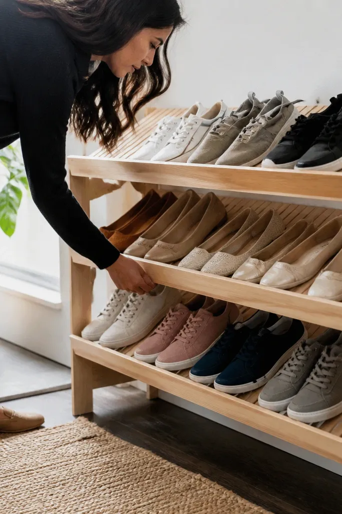 Light oak angled slat shelves with a short white shoe lip in a narrow entryway