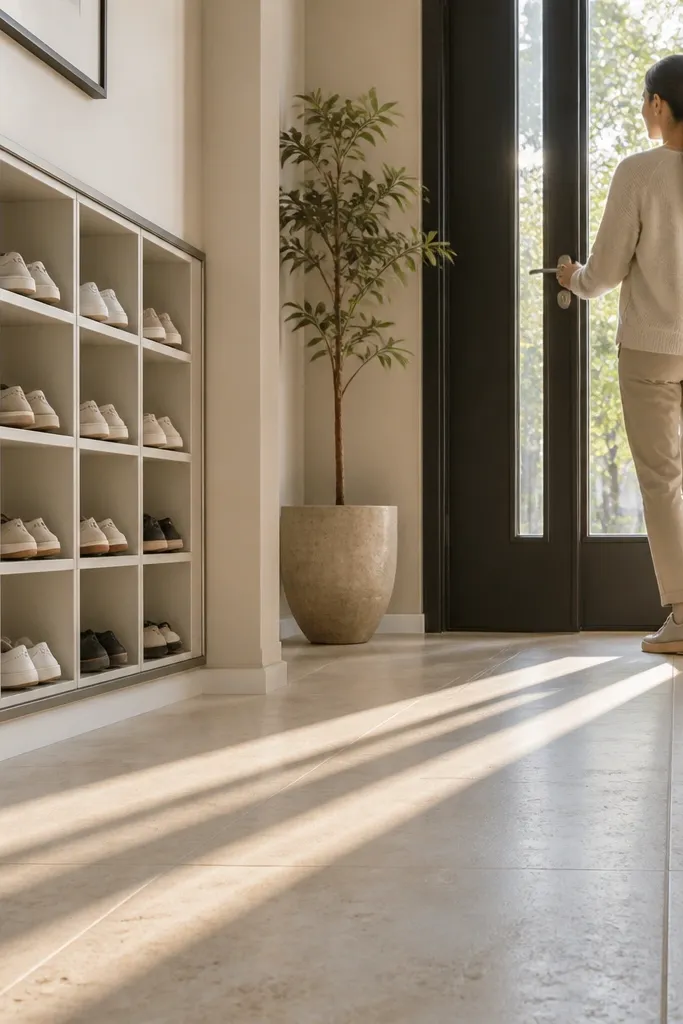 White wall cubbies with open fronts and evenly spaced shoe slots