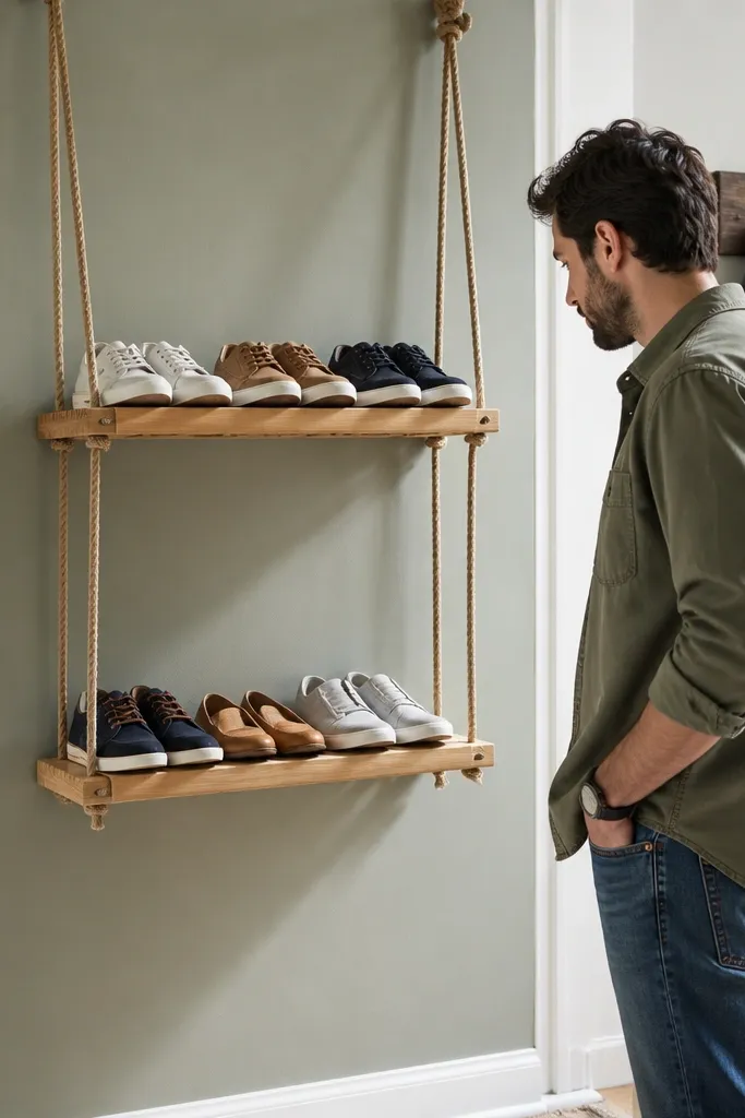 Natural wood slats hung with rope forming small shoe platforms in a narrow entry