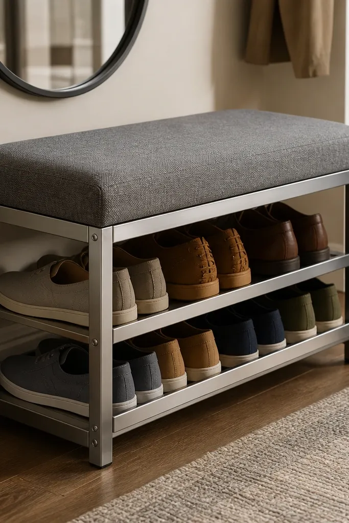 Small entry bench with two shoe tiers and a dark toe-stop lip at the front