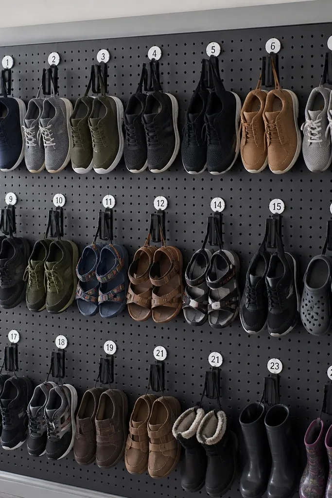 Light pegboard wall with numbered hooks holding shoes neatly in rows