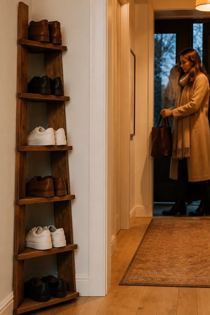 White corner ladder rack with small steps holding pairs of shoes