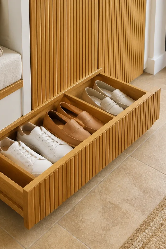 Light bamboo slat rack with pull-out compartments for shoes in a small entry