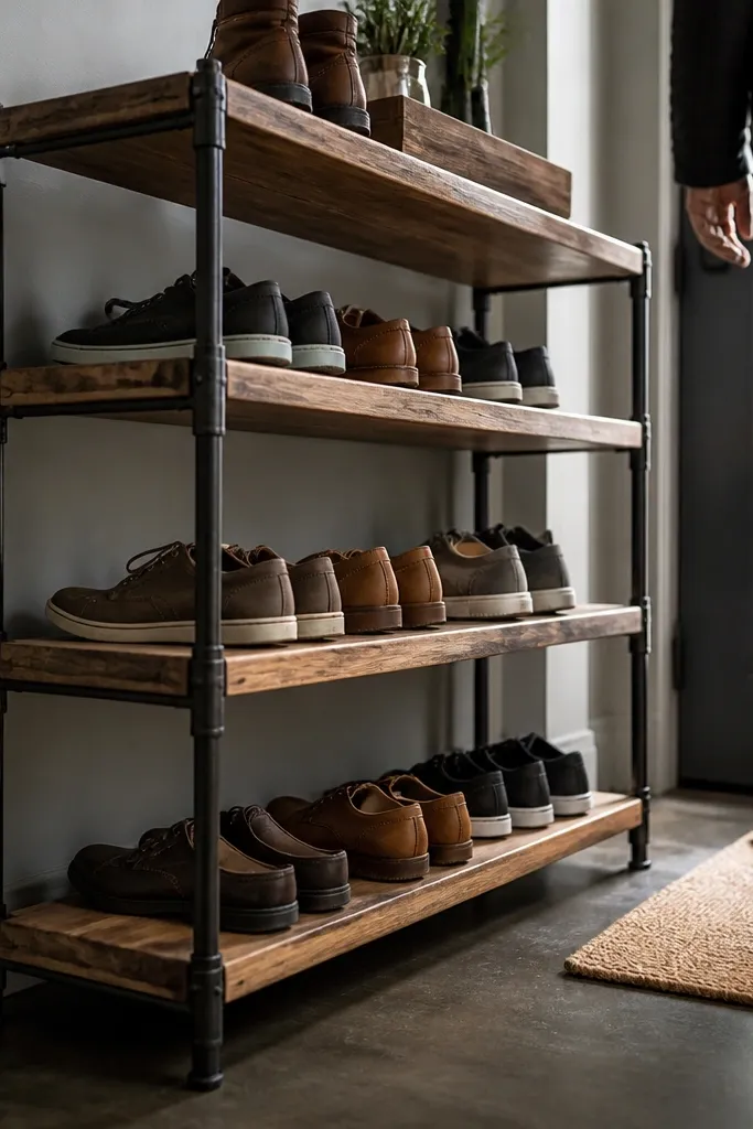 Industrial metal pipe frame with wood shelves holding shoes in a tight entryway