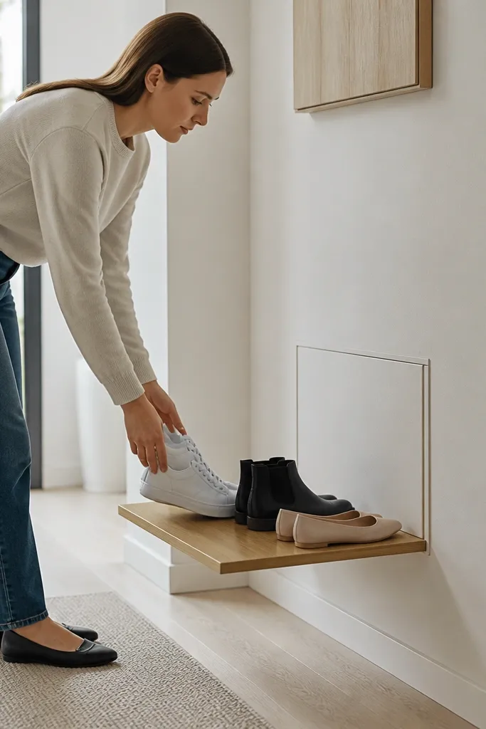 Wall panel with a fold-down shoe shelf that stays flush when closed