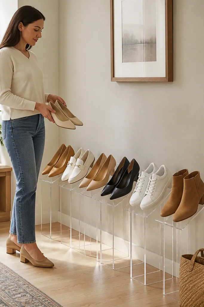 Clear acrylic shoe blocks stacked in neat rows on a small entry floor