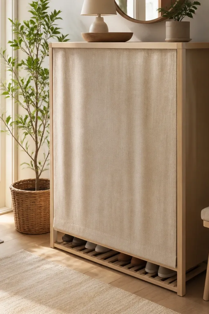 Small cabinet with fabric curtain front and vented bottom slats for shoes