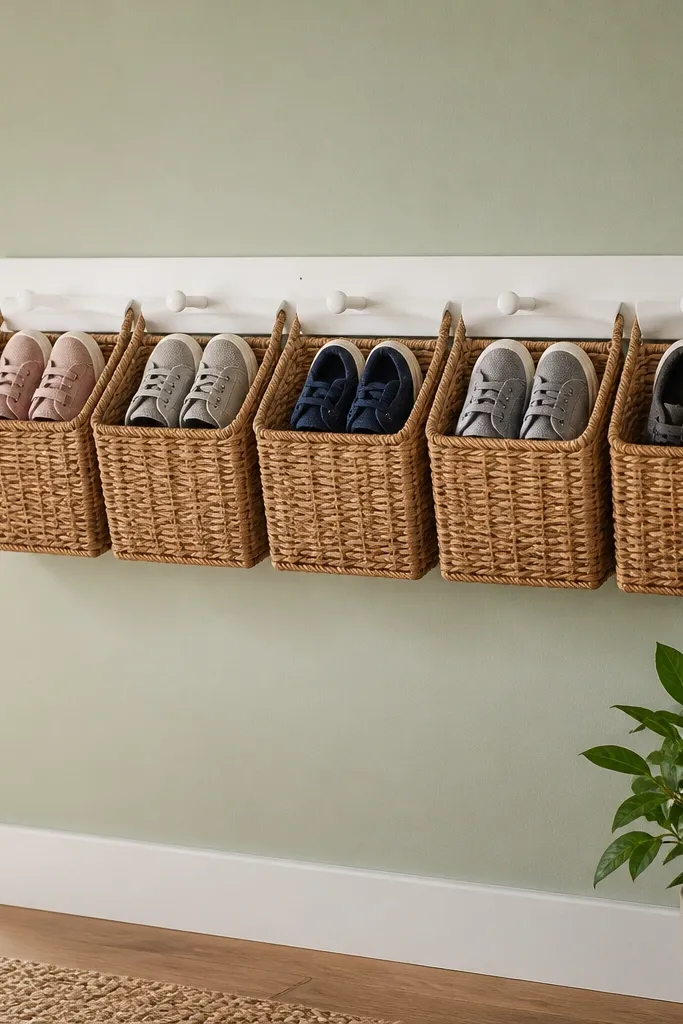Wood peg rail with small wire baskets holding kids shoes neatly by size