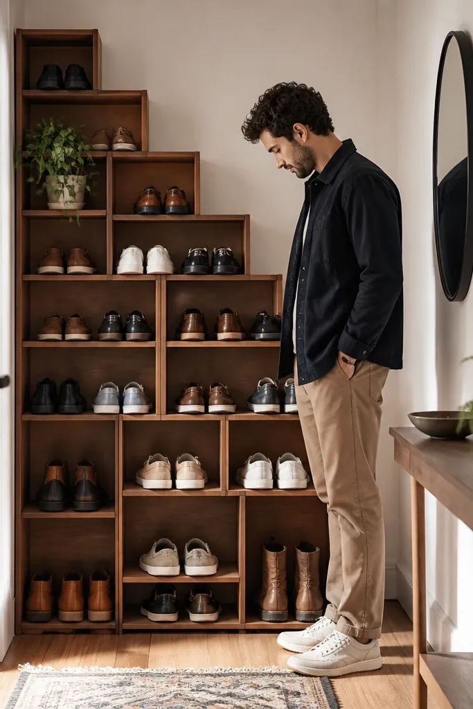 Narrow stair-step shoe rack with alternating shelf heights in a hallway corner