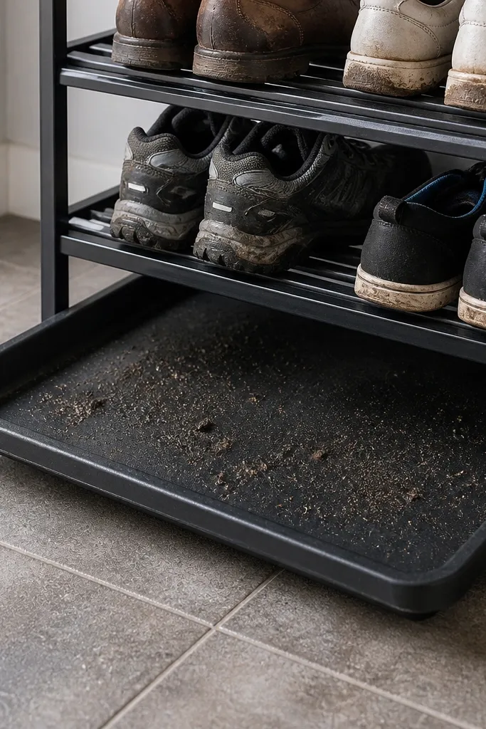 Slim shoe rack with a removable bottom tray and open upper shelves in a narrow entry