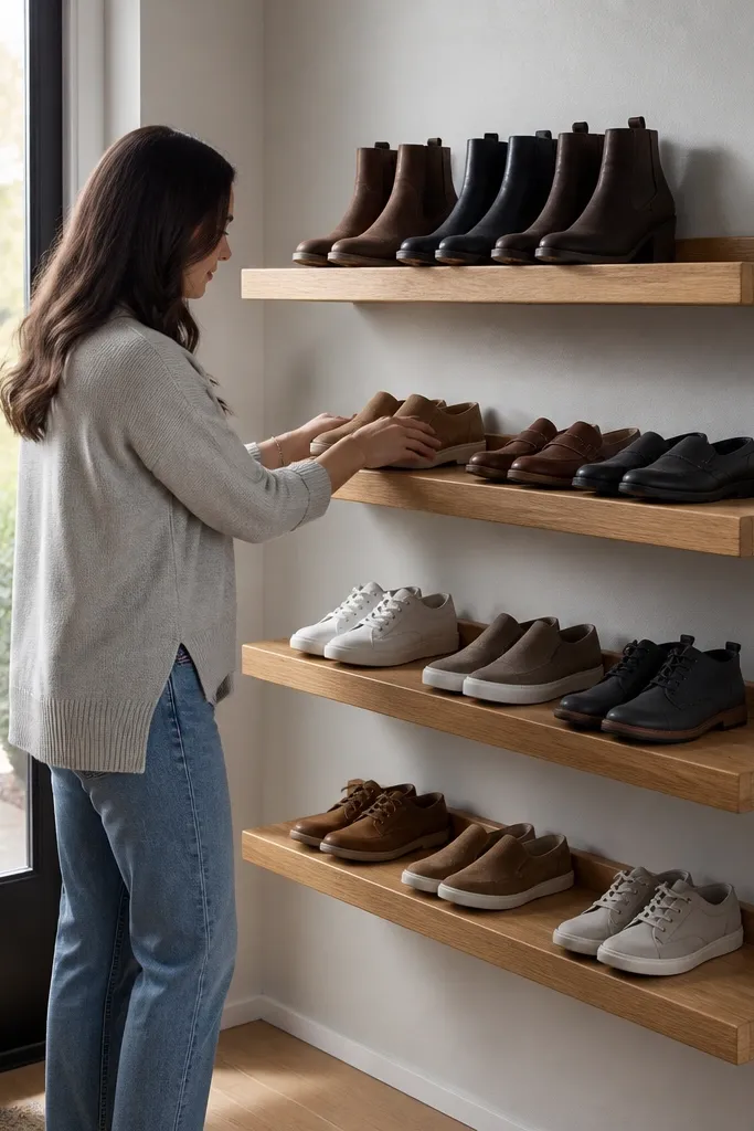 Floating ledge shelves arranged vertically with shoes stored neatly in a tight space