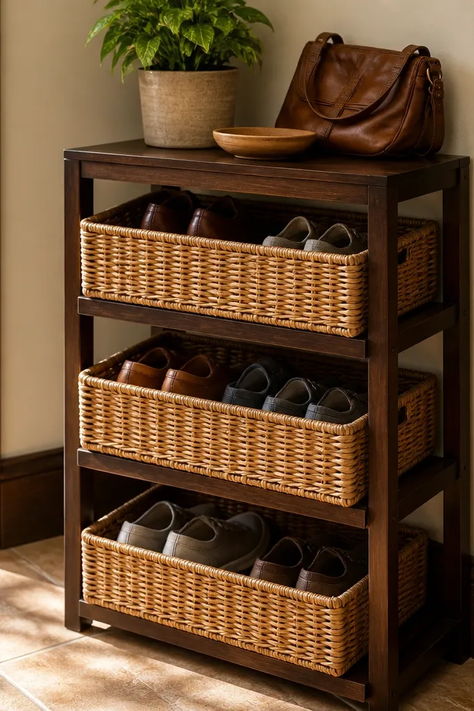 Wood frame with two shelves holding woven baskets for shoes in an entryway