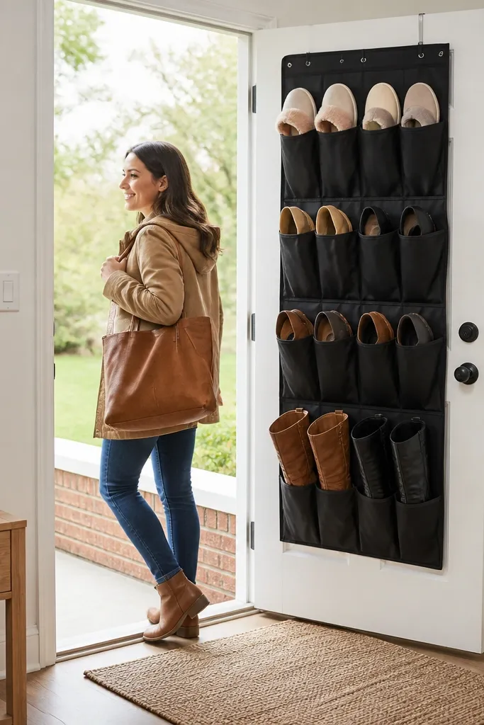 Slim over-the-door organizer with shoe pockets neatly arranged on a hallway door