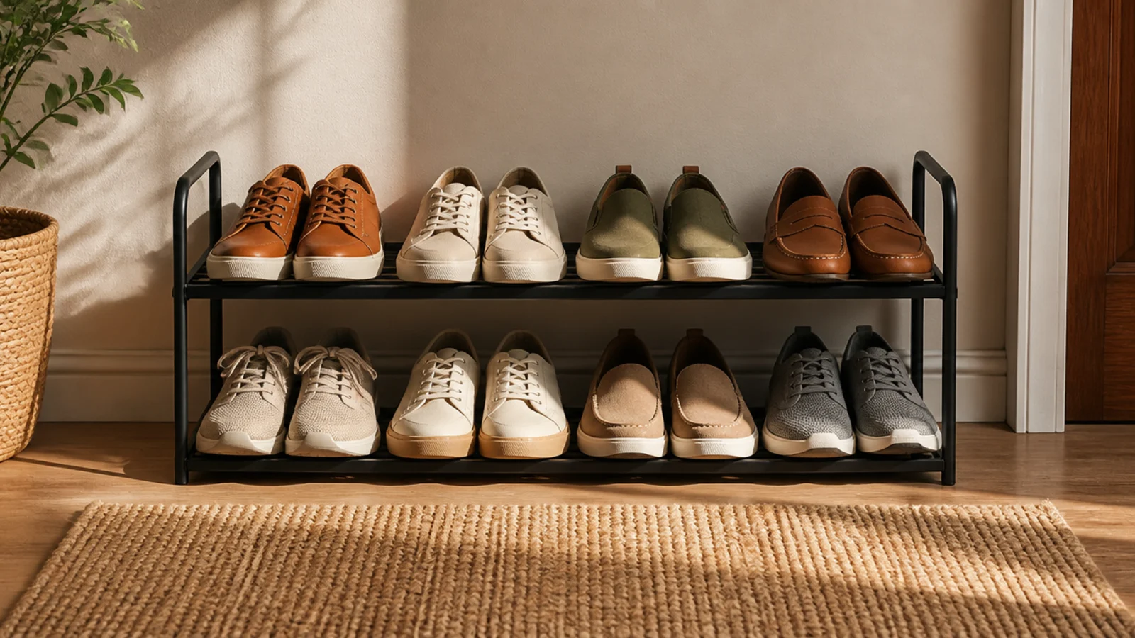 A narrow black metal two-tier shoe rack holding four pairs against a cream hallway wall, shoes lined toe-out.