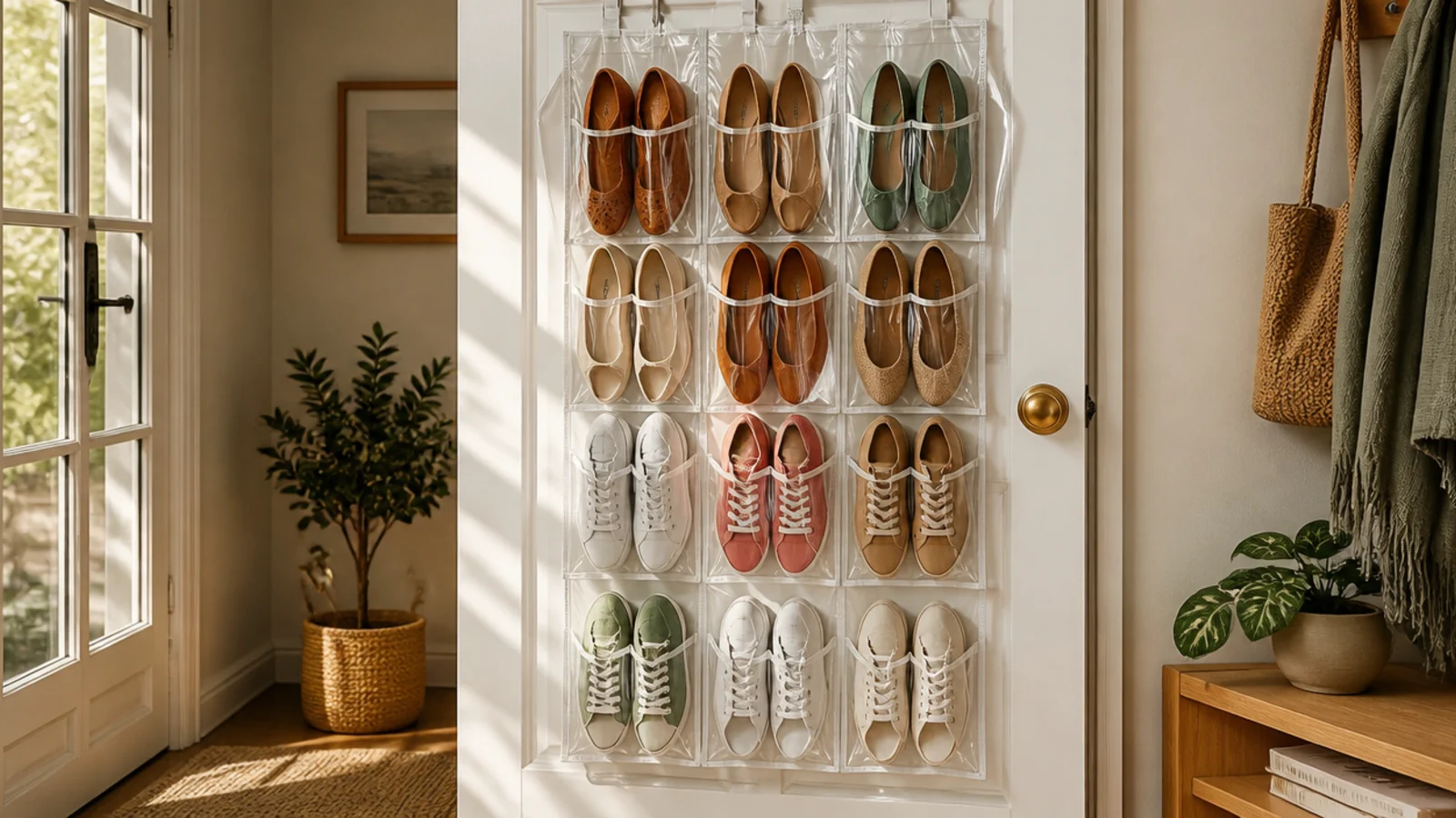 A clear-pocket over-the-door shoe organizer hanging on the back of a white door, filled with flats and sneakers.