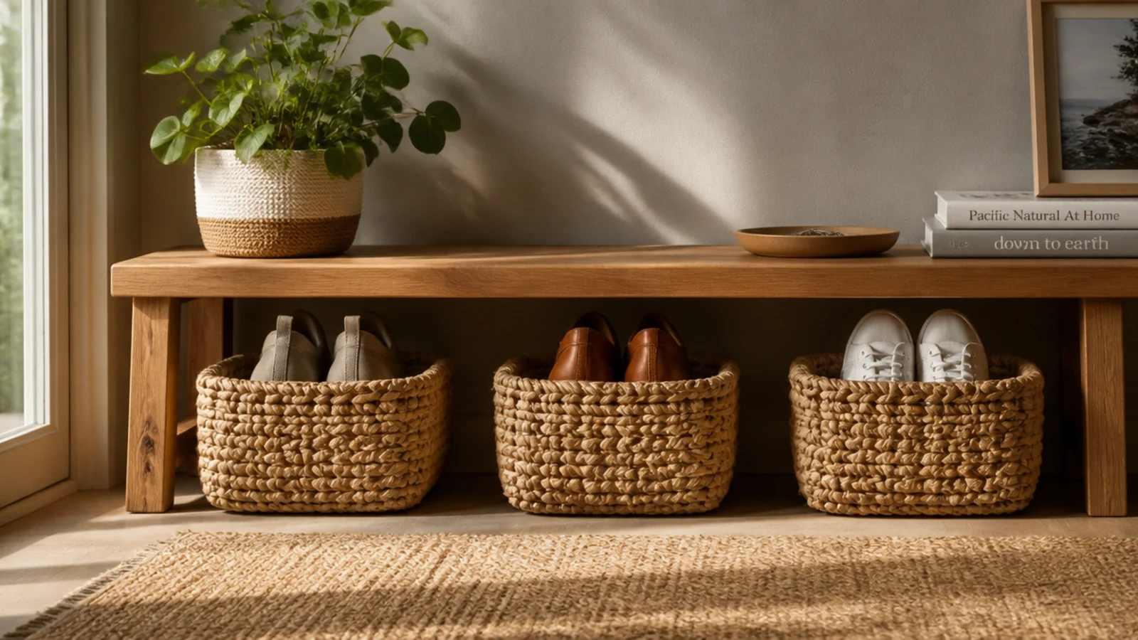 A narrow wooden bench with three woven seagrass baskets lined up underneath, each holding a pair of shoes.