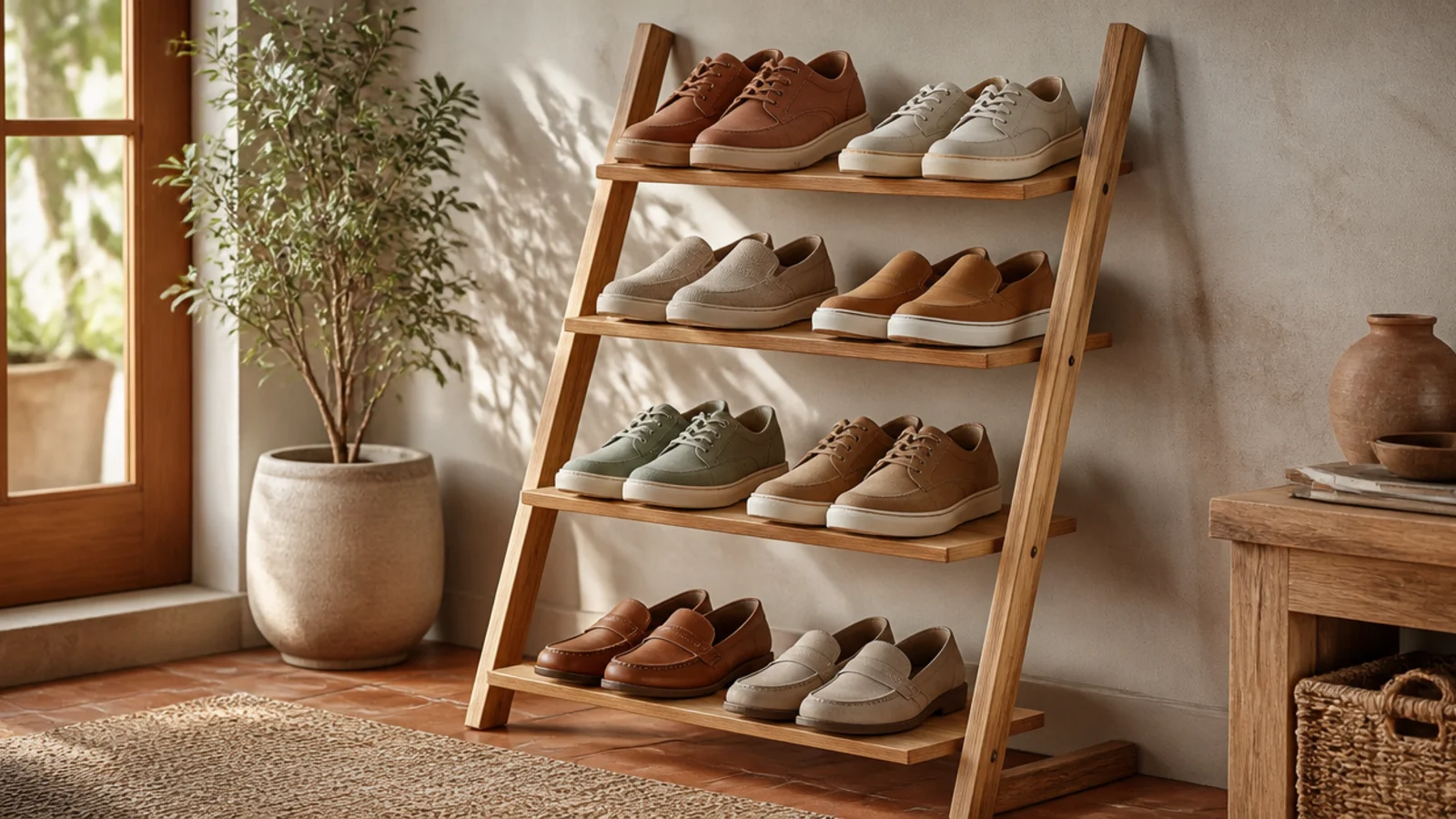A slim wooden ladder-style rack leaning against a wall with four angled rungs, each holding a pair of shoes.