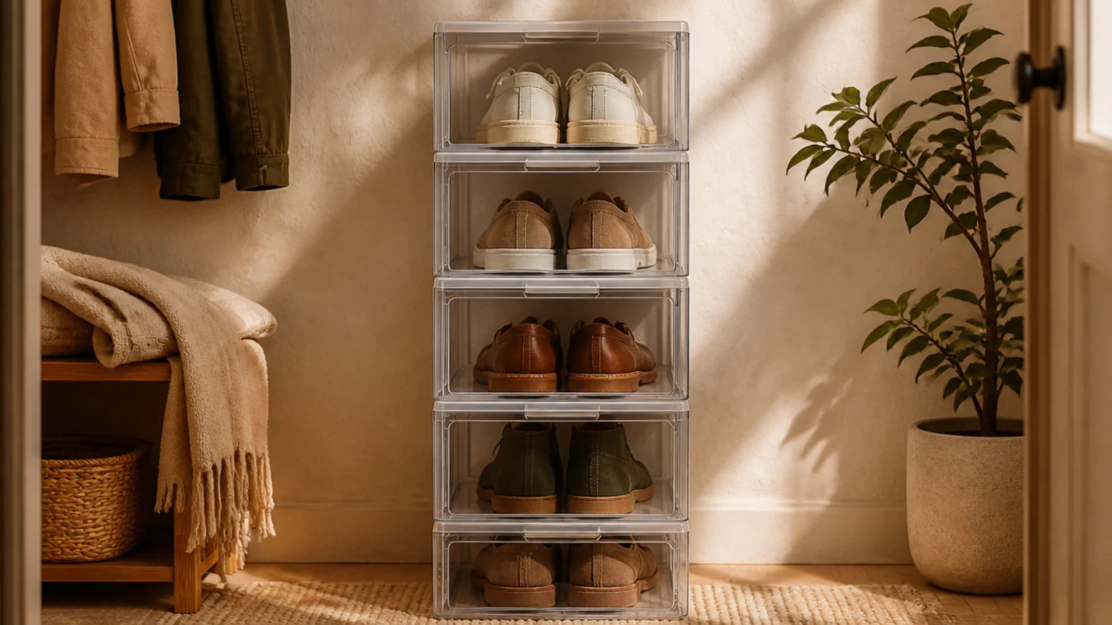 A column of clear plastic drop-front shoe boxes stacked five high in a closet, each showing a pair inside.