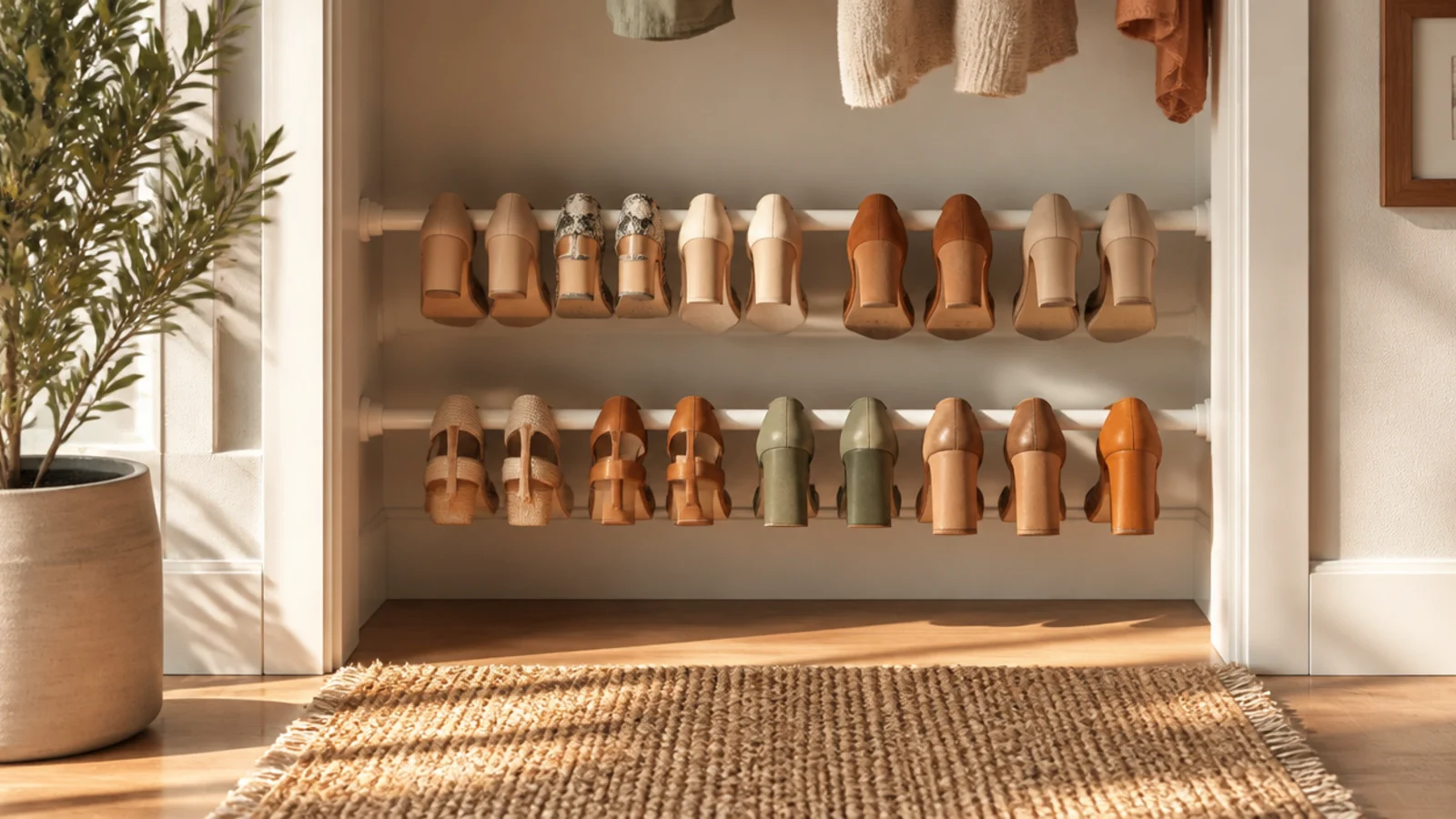 Two tension rods mounted low in a closet with heels hooked over them by their heels, shoes hanging in a row.