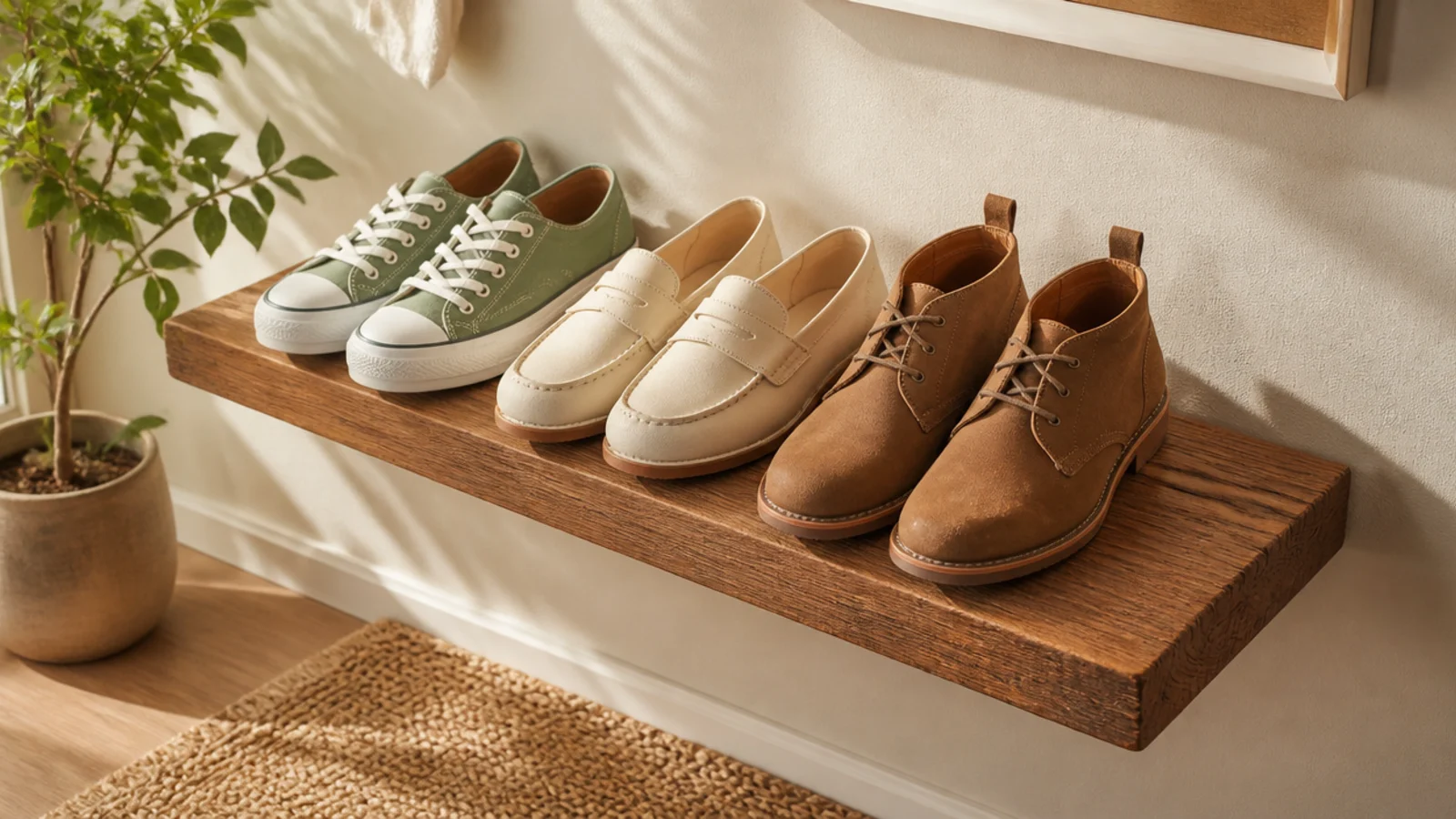 A single floating wooden shelf mounted at a slight angle on a wall, displaying three pairs of shoes toe-out.