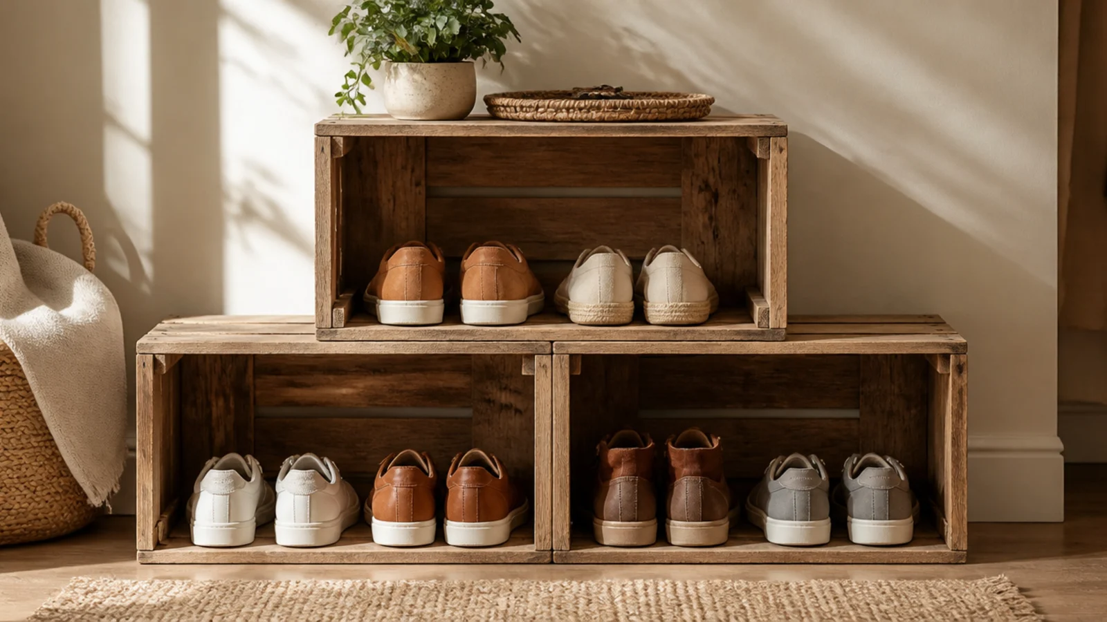 Three wooden crates stacked in a pyramid against a wall, each cubby holding one or two pairs of shoes.